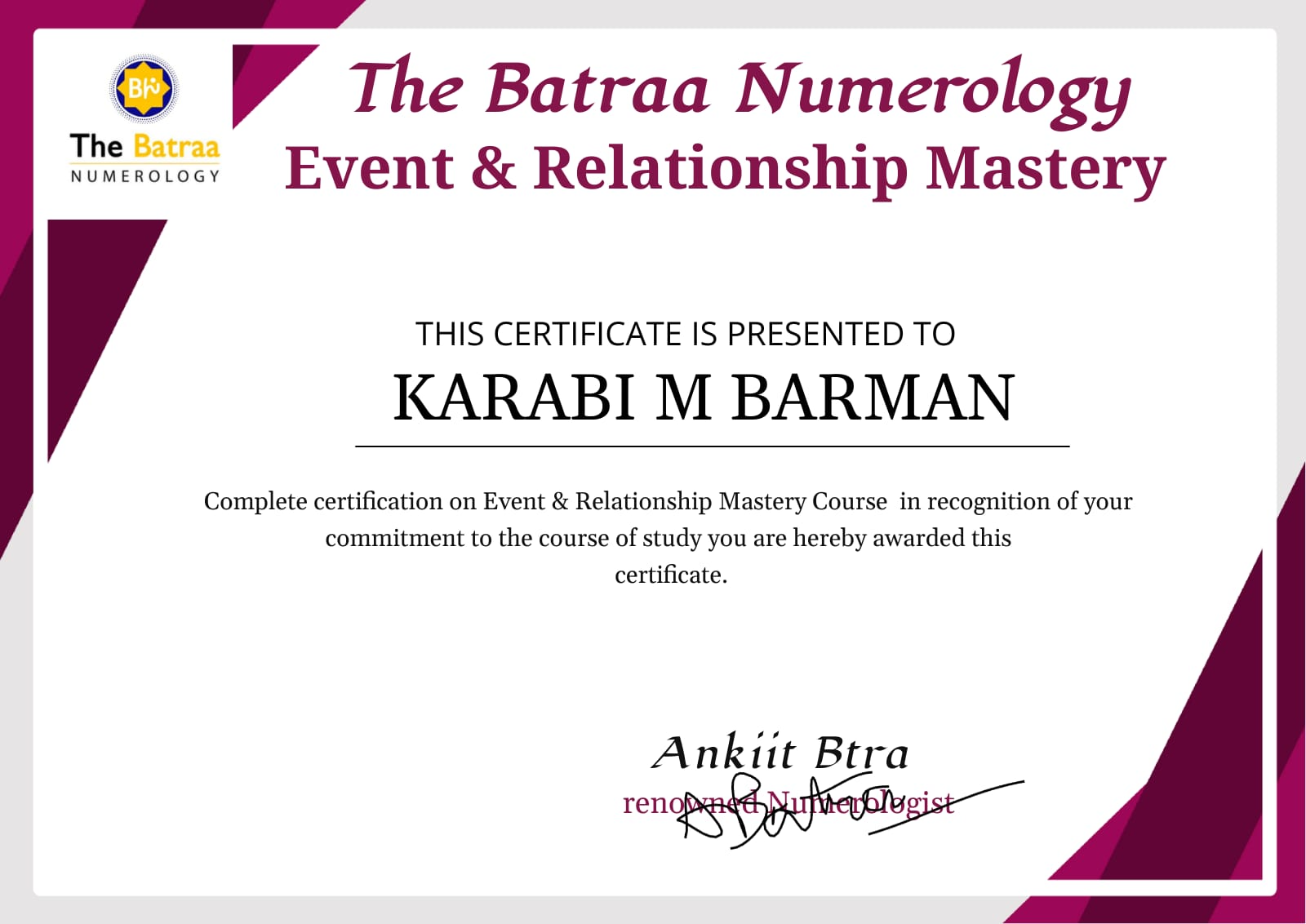 Name Numerology Certificate